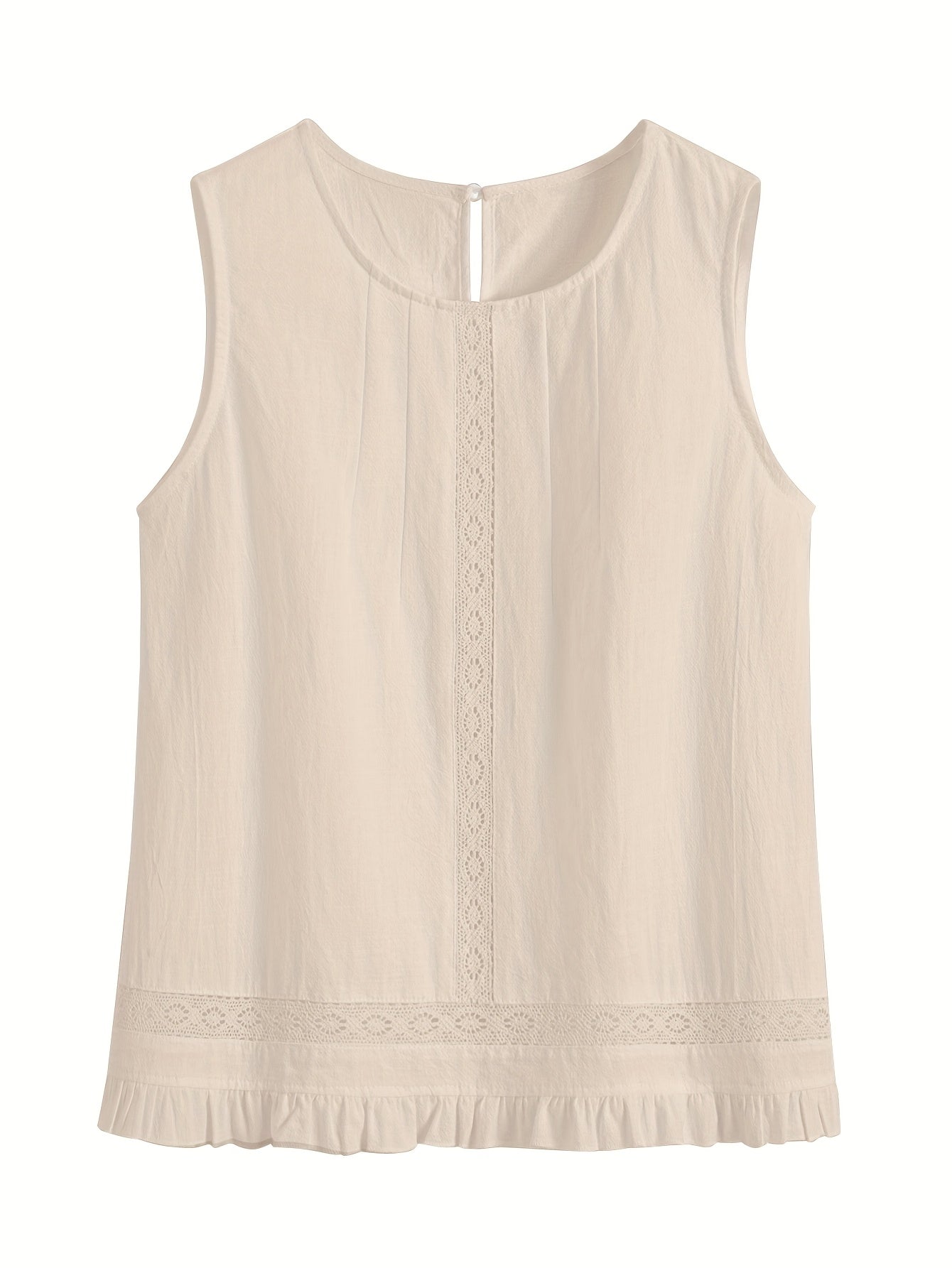 Luźny bawełniany komplet – bluzka z koronką bez rękawów i szorty z falbanką