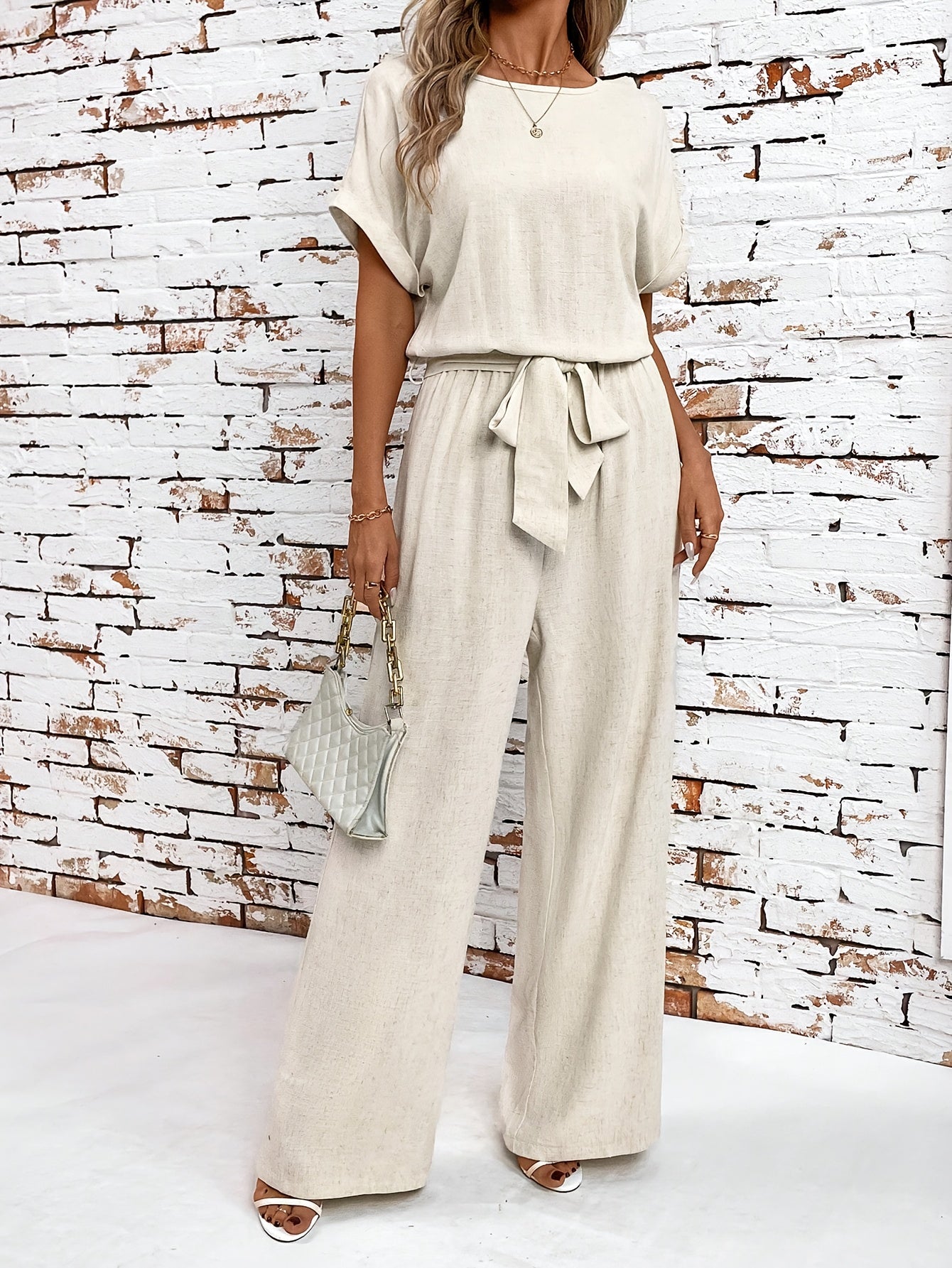 Letni zestaw damski z okrągłym dekoltem i rękawami nietoperzowymi