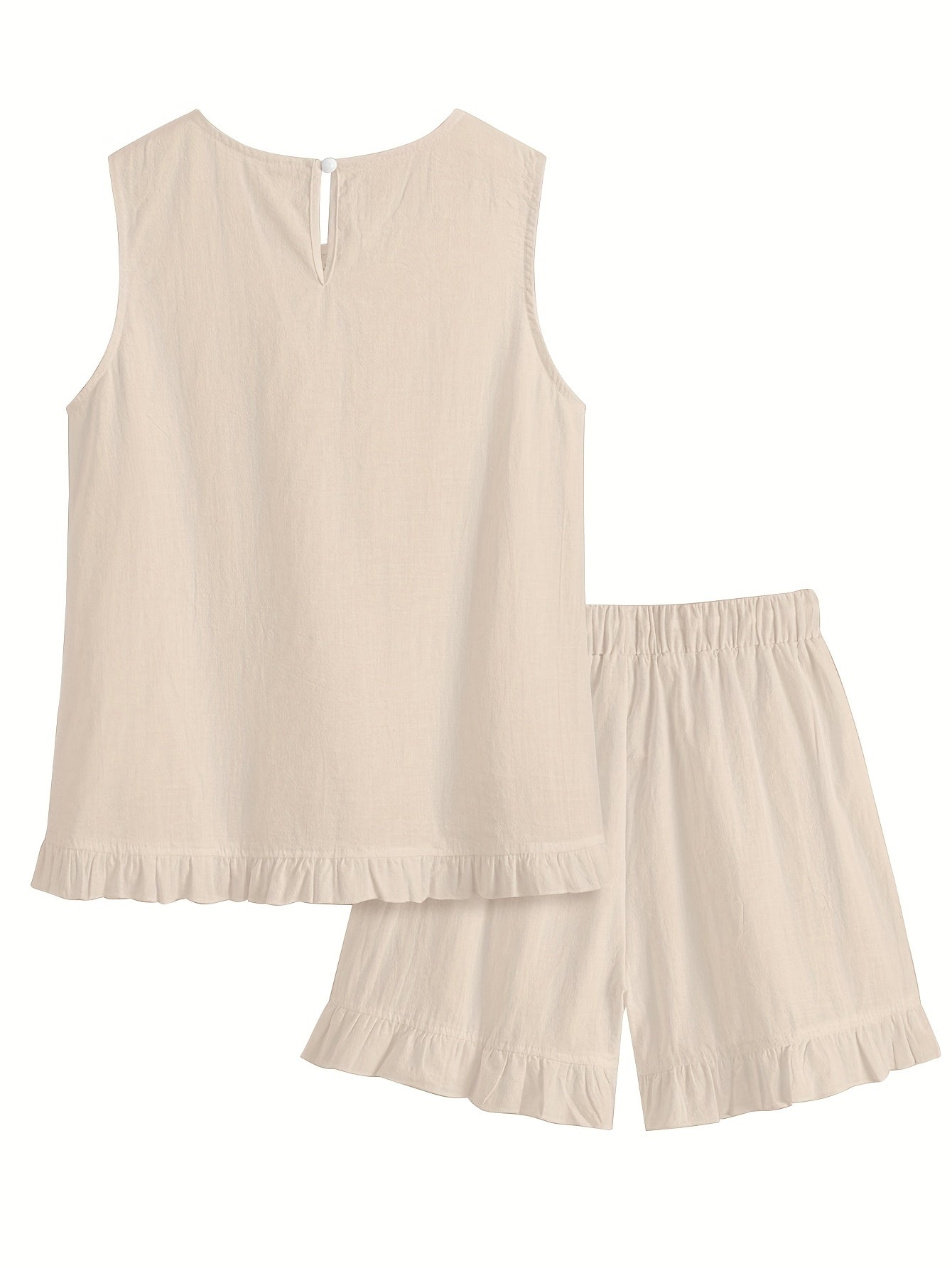 Luźny bawełniany komplet – bluzka z koronką bez rękawów i szorty z falbanką