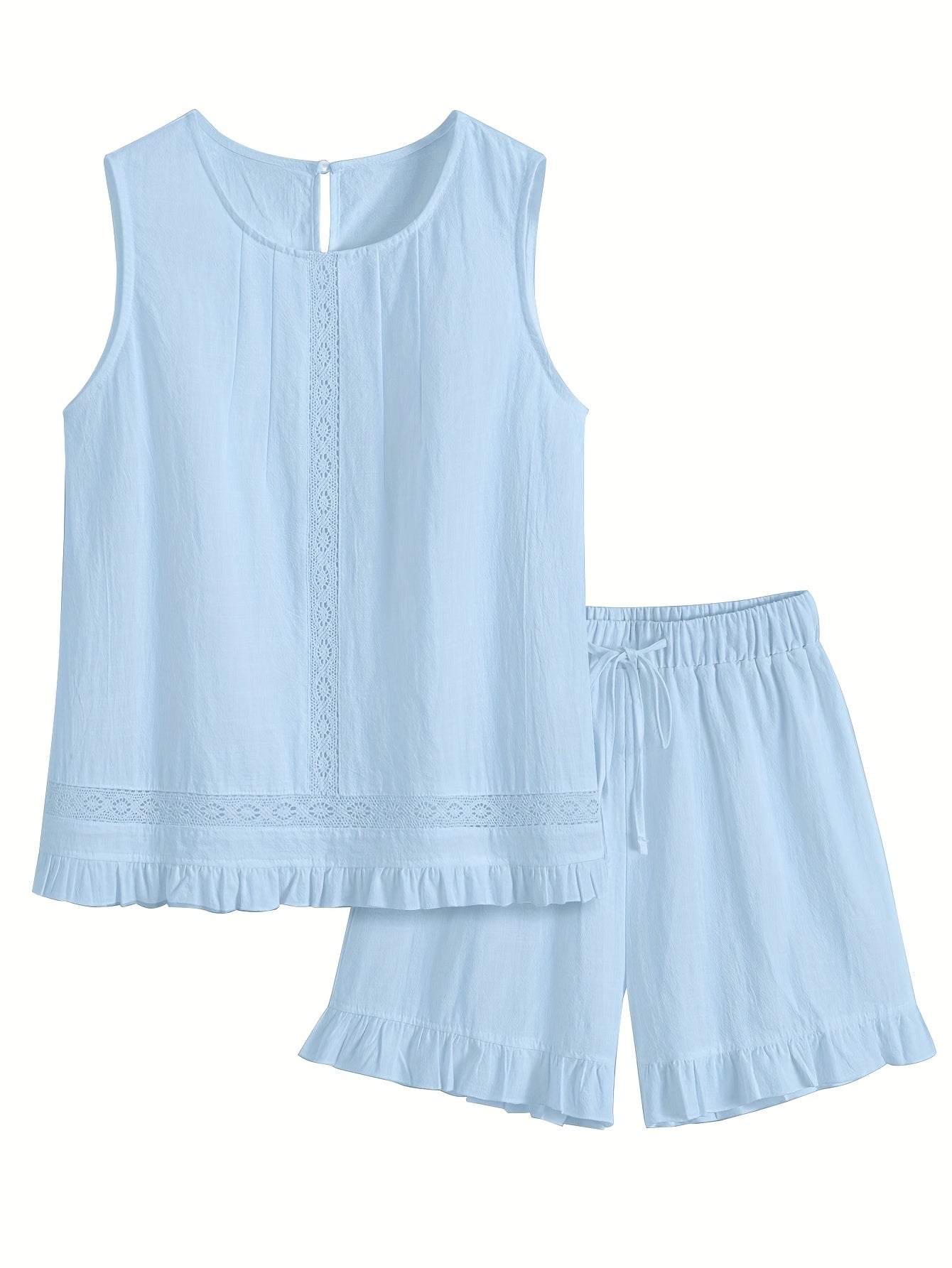 Luźny bawełniany komplet – bluzka z koronką bez rękawów i szorty z falbanką