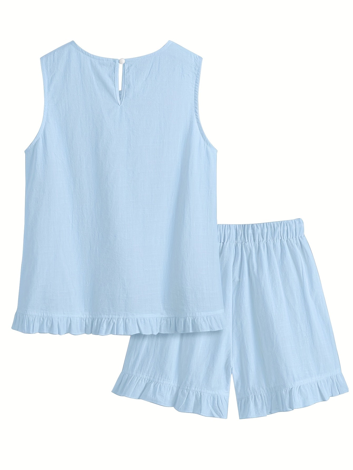 Luźny bawełniany komplet – bluzka z koronką bez rękawów i szorty z falbanką