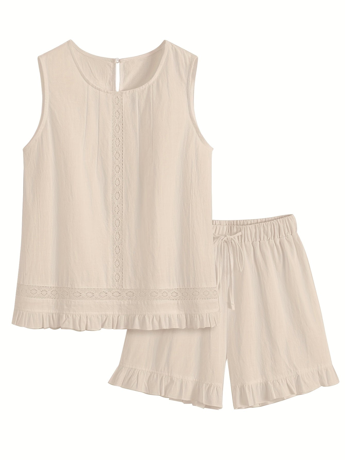 Luźny bawełniany komplet – bluzka z koronką bez rękawów i szorty z falbanką