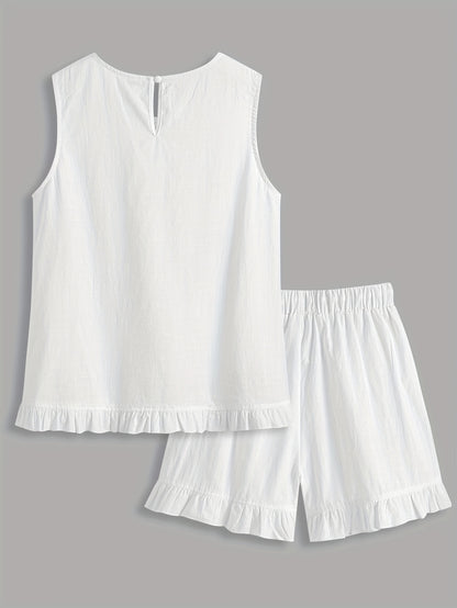 Luźny bawełniany komplet – bluzka z koronką bez rękawów i szorty z falbanką