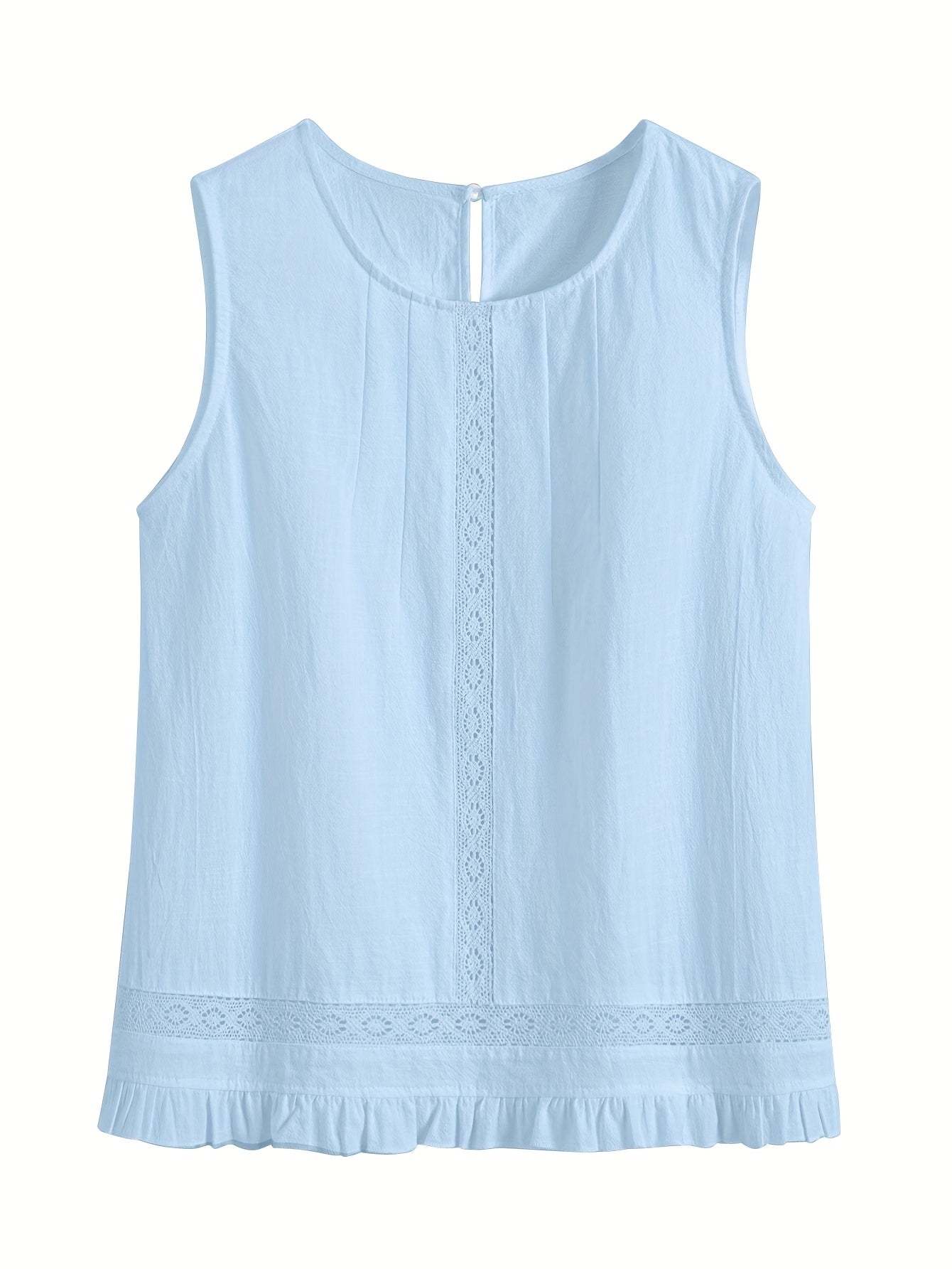 Luźny bawełniany komplet – bluzka z koronką bez rękawów i szorty z falbanką