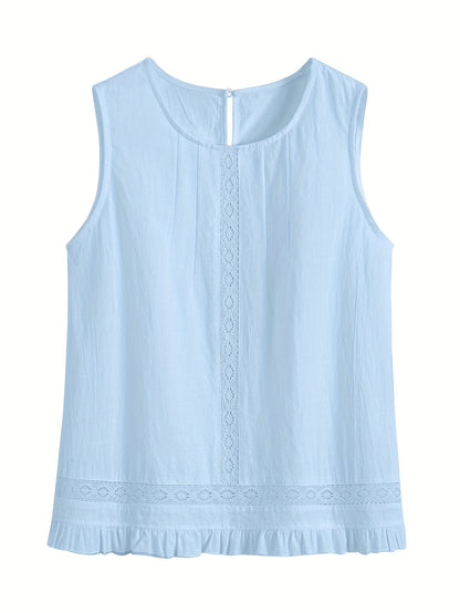 Luźny bawełniany komplet – bluzka z koronką bez rękawów i szorty z falbanką