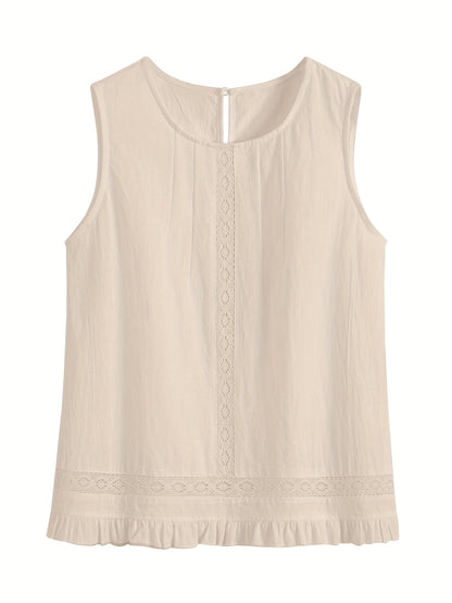 Luźny bawełniany komplet – bluzka z koronką bez rękawów i szorty z falbanką