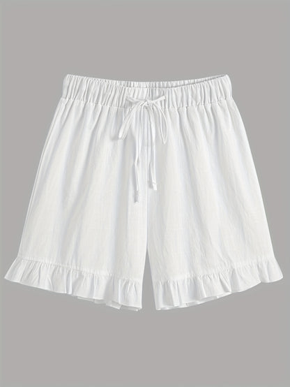 Luźny bawełniany komplet – bluzka z koronką bez rękawów i szorty z falbanką