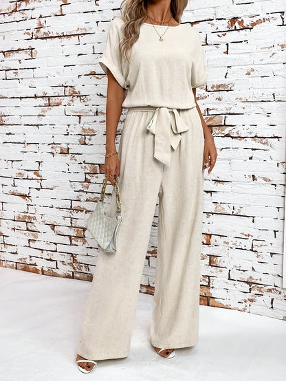 Letni zestaw damski z okrągłym dekoltem i rękawami nietoperzowymi