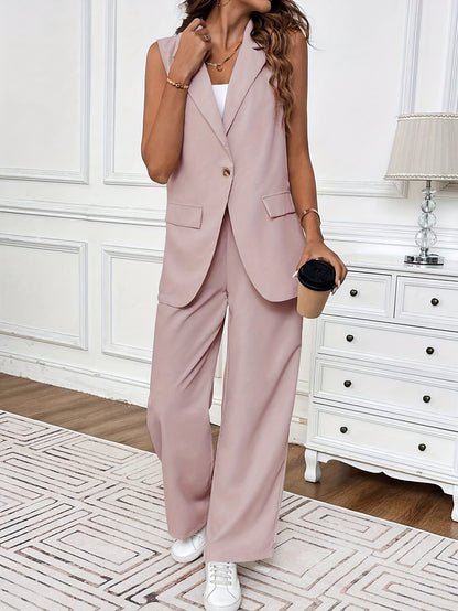 Damski elegancki garnitur – kamizelka i spodnie w jednolitym kolorze, idealny na wiosnę/lato