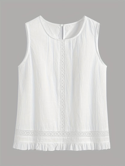 Luźny bawełniany komplet – bluzka z koronką bez rękawów i szorty z falbanką